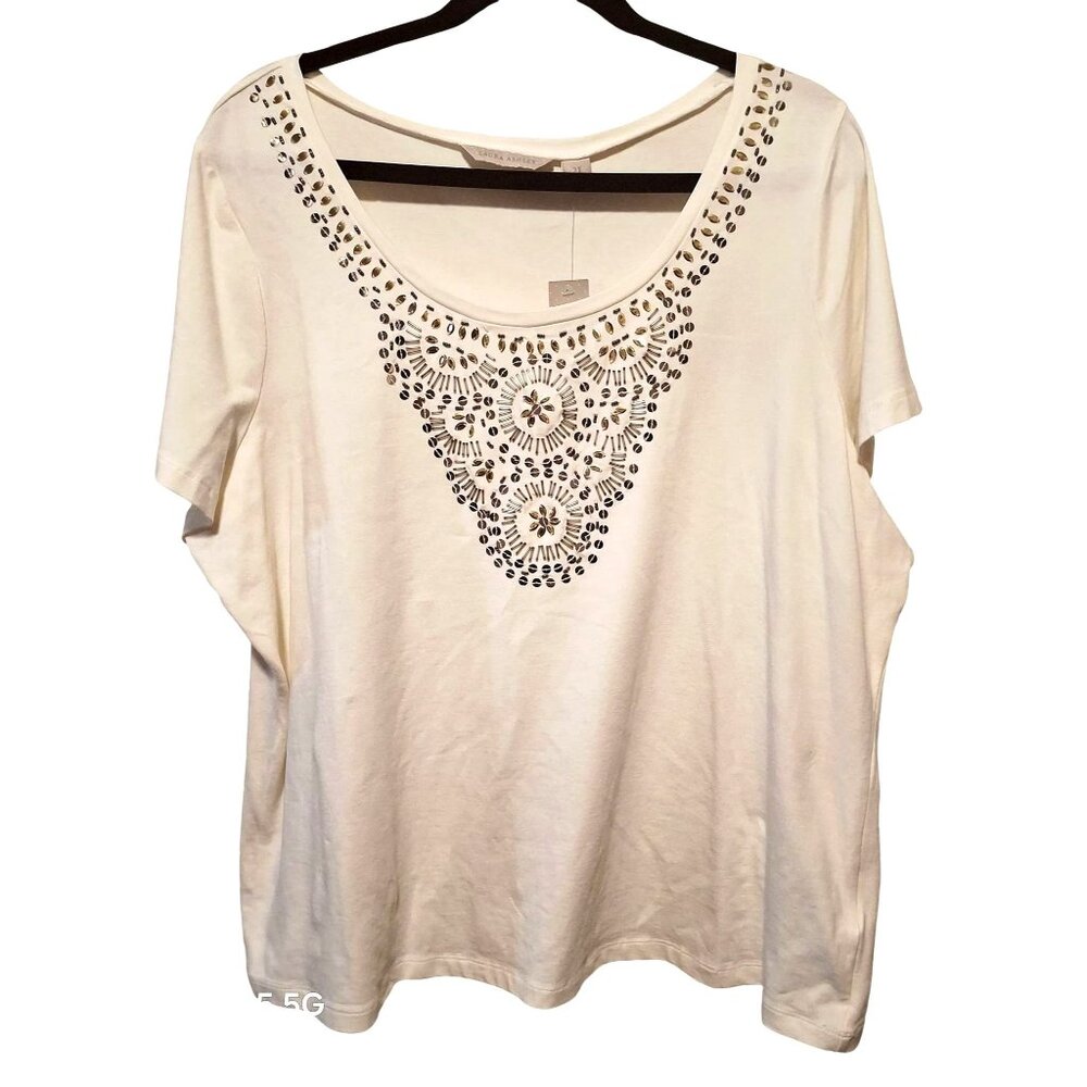 NWT Laura Ashley 2X Pearl Embellished Scoop Neck Top Boho Artsy Classic